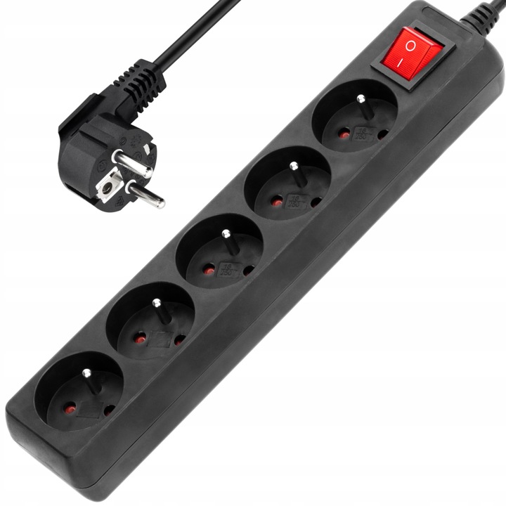 PRZEDŁUŻACZ LISTWA ZASILAJĄCA WŁĄCZNIK MOCNY GRUBY 5 GNIAZD 5M CZARNY