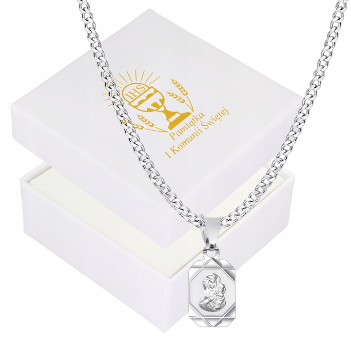 Łańcuszek Srebrny Medalik Komunijny Matka Boska na Komunię na Chrzest