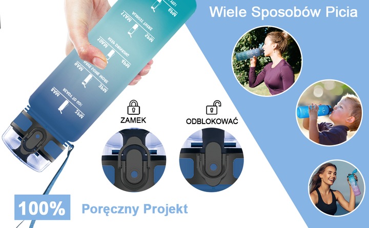 Butelka Bidon na Wodę Miarka Motywacyjna 1L TRITAN 1000ml + sitko na owoce