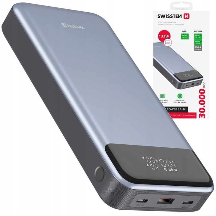 SWISSTEN POWERBANK do laptopa telefonu 30000 mAh PD QC 133W 2x USB-C USB-A