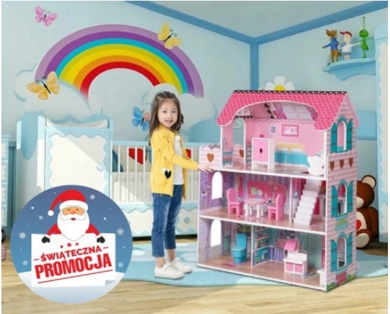DUŻY DREWNIANY DOMEK DLA LALEK XXL ŚWIATŁA LED zestaw MEBLE OŚWIETLENIE MDF