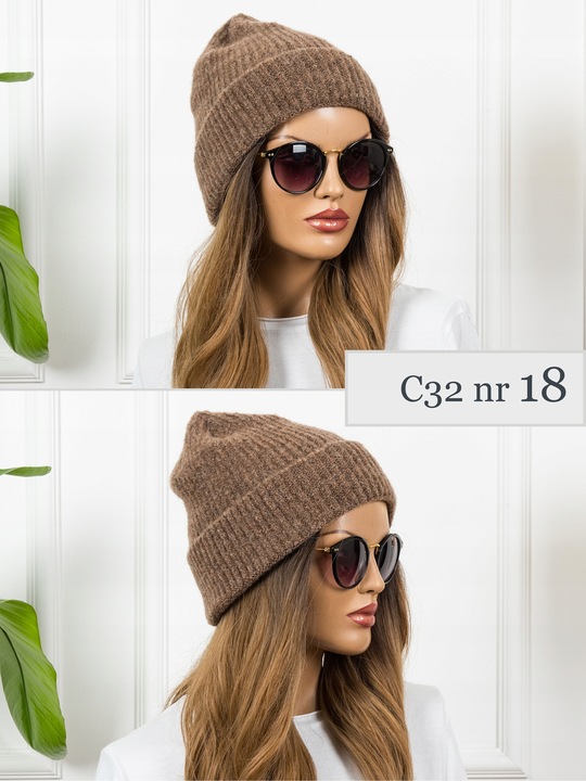 CZAPKA DAMSKA CIEPŁA Wywijana Zimowa czekoladowy brąz Beanie PREMIUM
