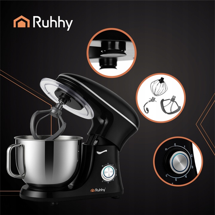 Robot Planetarny Kuchenny RUHHY 6,2L Wielofunkcyjny Mikser do Ciasta CZARNY
