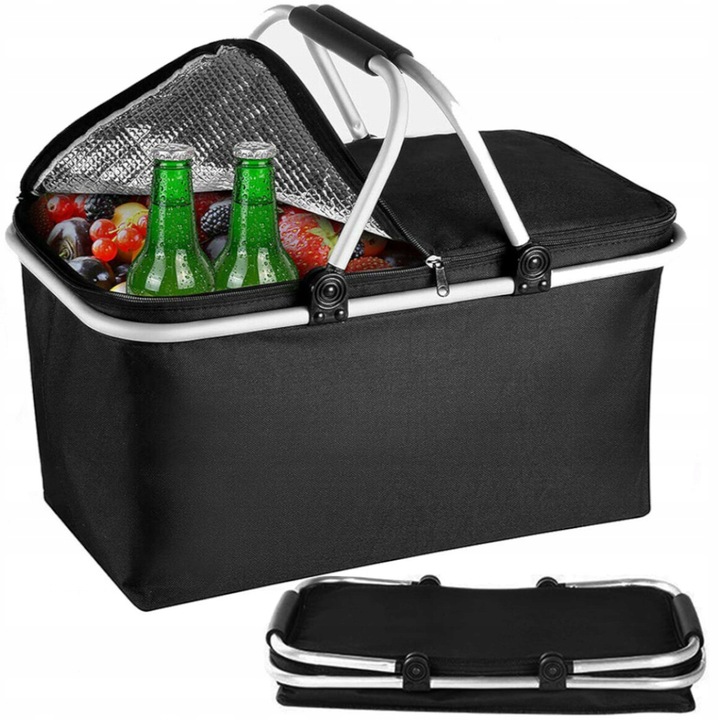 DUŻY KOSZ PIKNIKOWY KOSZYK TERMICZNY CZARNY + 2x WKŁADY MROŻĄCE 500ml 2szt.