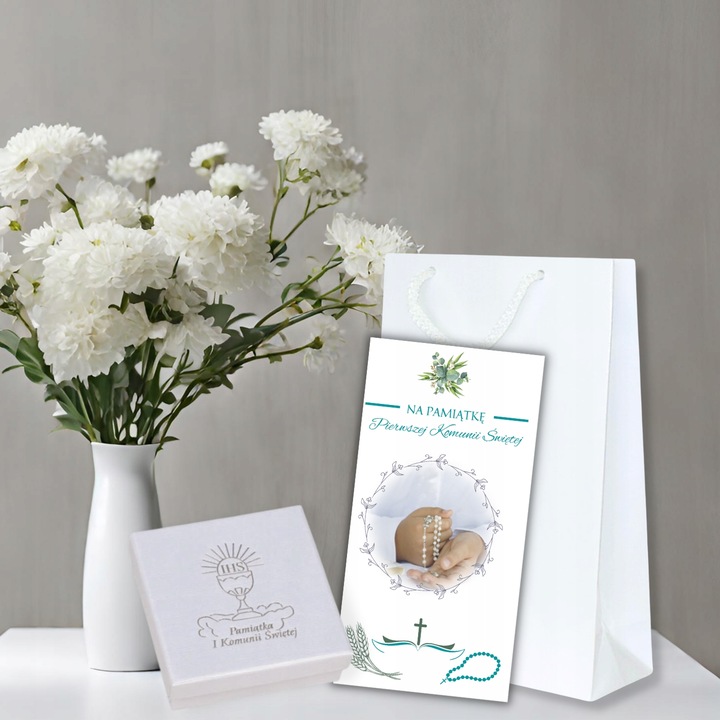 PAMIĄTKA PIERWSZEJ KOMUNII ŚWIĘTEJ SREBRO POZŁACANE ŁAŃCUSZEK KRZYŻYK