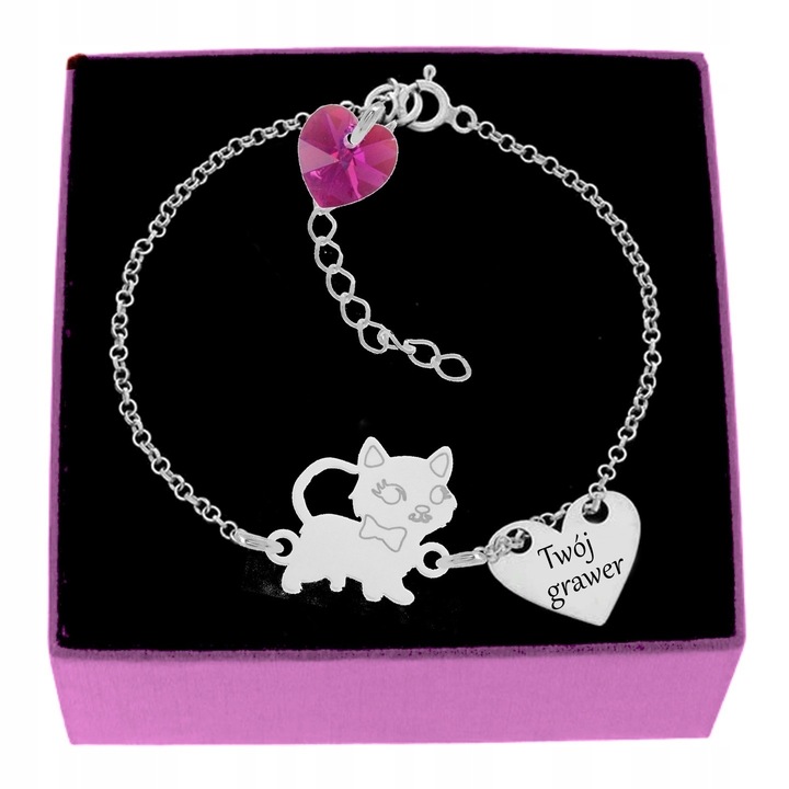 BRANSOLETKA SREBRNA KOTEK I SERCE Z GRAWEREM KR. SWAROVSKI SREBRO 925