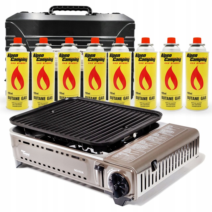 GRILL TURYSTYCZNY na KARTUSZ gazowy ALPEN CAMPING NEVADA + WALIZKA + 8x GAZ