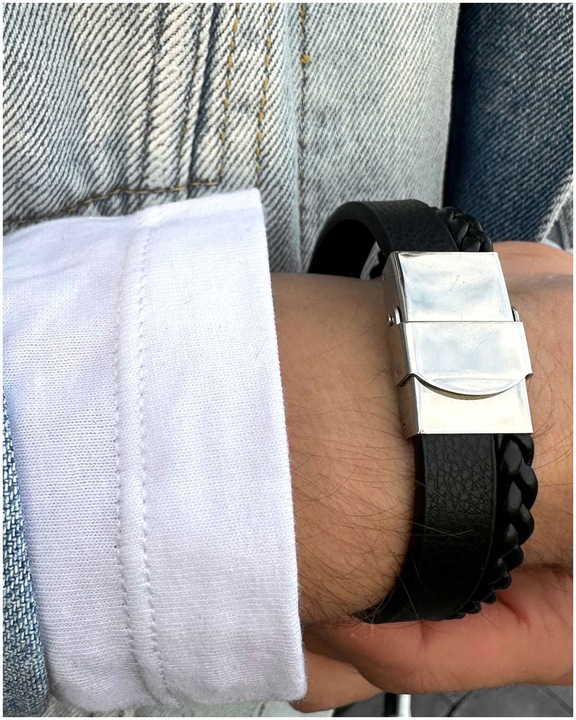 Bransoletka męska SKÓRZANA z GRAWEREM srebrna STAL prezent + GRAWER GRATIS