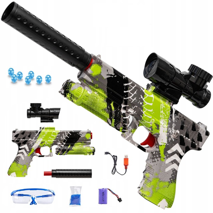 PISTOLET GLOCK AUTOMAT NA KULKI ŻELOWE Z TŁUMIKIEM ELEKTRYCZNY GRAFFITI