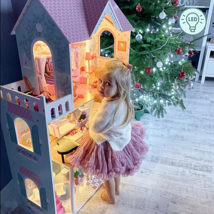 Duży Domek Dla Lalek XXL Drewniany Mebelki Do Zestawu Oświetlenie LED