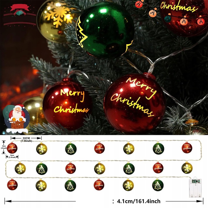 Łańcuch Girlanda Świetlna 20Led Na Boże Narodzenie Na Baterie4.1 m z pilot