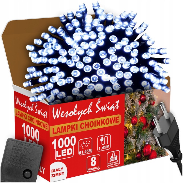 LAMPKI CHOINKOWE BIAŁY ZIMNY 1000LED 8 TRYB ZEW/WEW 63 METRY NA CHOINKĘ