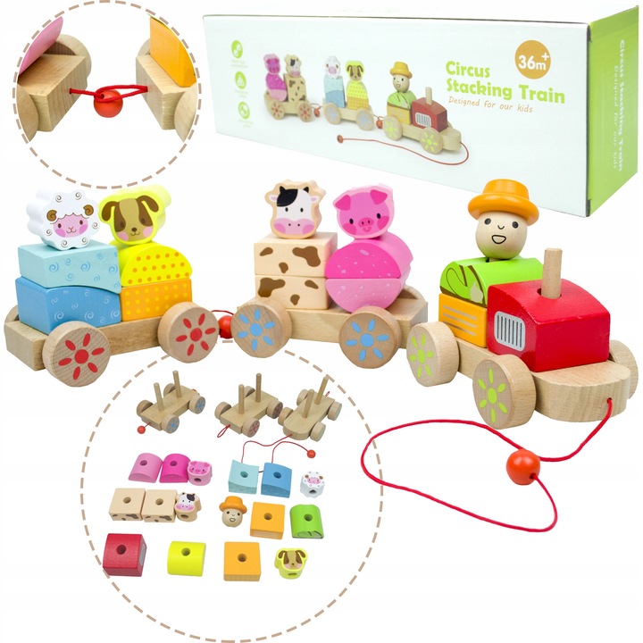 LT333 NOWY DREWNIANY POCIĄG Z WAGONAMI I KLOCKAMI WIEJSKA SCENERIA