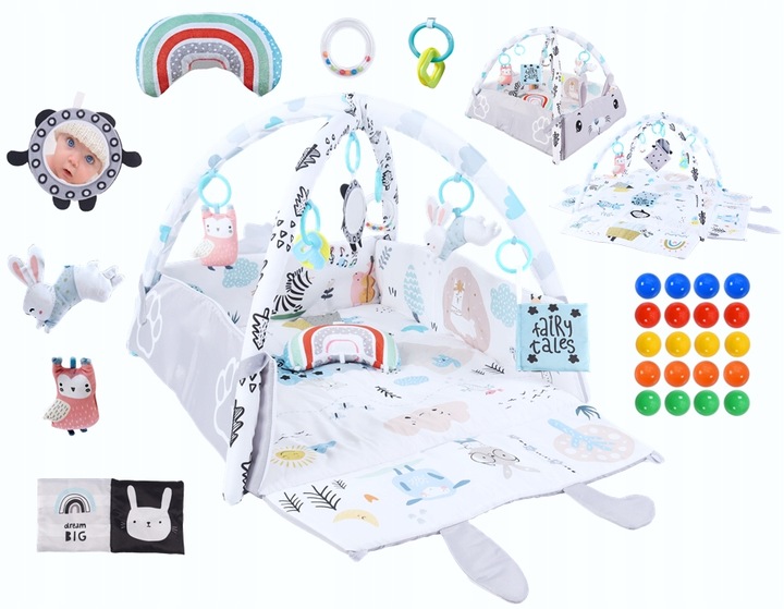 Duża Mata Edukacyjna Miękka Interaktywna 4w1 Poduszka Minky 20 piłek