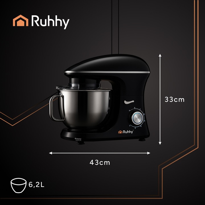Robot Planetarny Kuchenny RUHHY 6,2L Wielofunkcyjny Mikser do Ciasta CZARNY