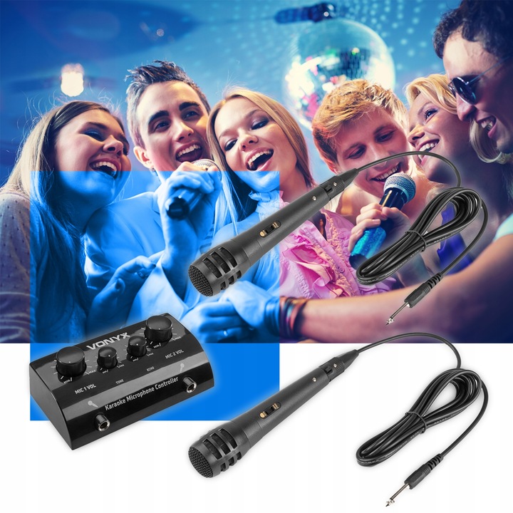 Kompletny ZESTAW DO KARAOKE 2 mikrofony mikser
