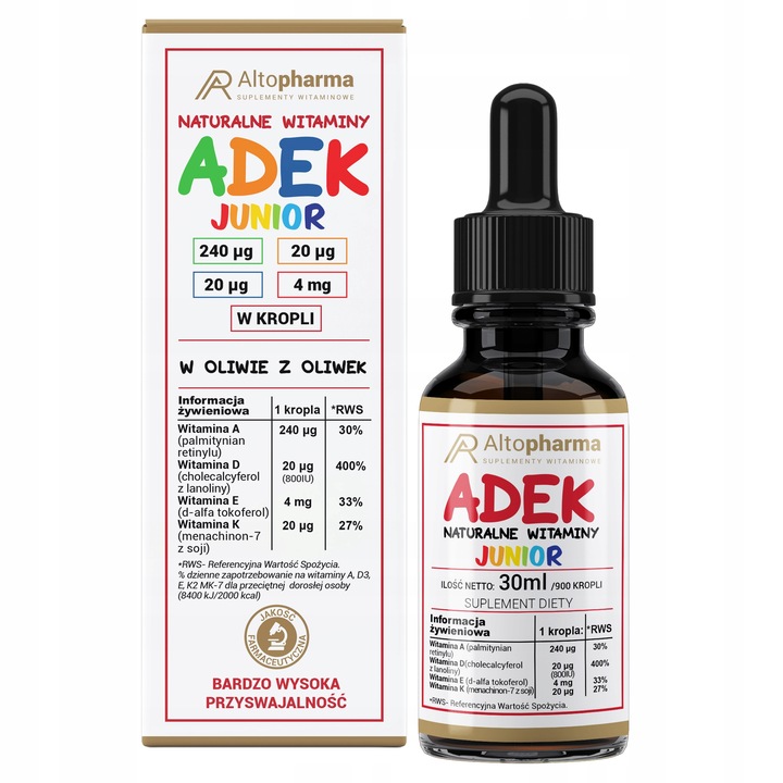 WITAMINA ADEK JUNIOR A, D3, E, K2 MK-7 KROPLE 30ml