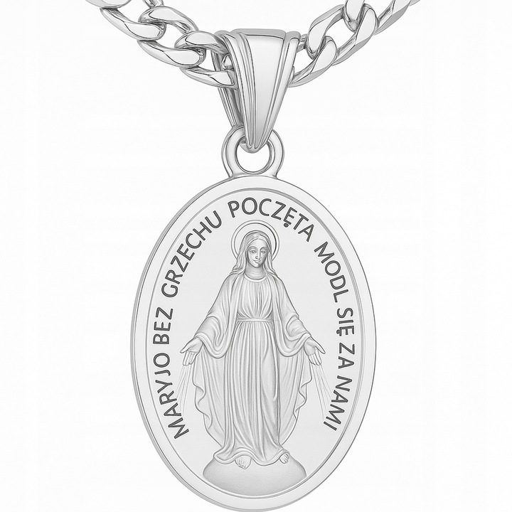 Łańcuszek srebrny duży medalik komunijny Matka Boska na Komunię dla chłopca