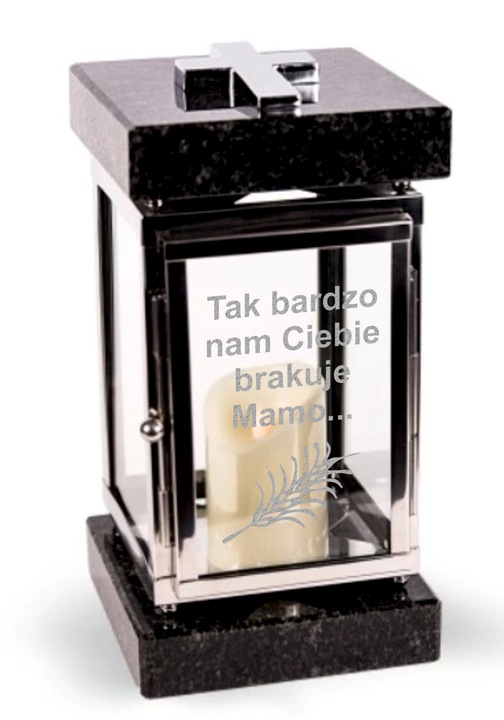 Lampion znicz nagrobny na pomnik srebrny stal nierdzewna + czarny granit