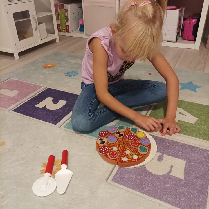 Drewniana Pizza do Krojenia dla Dzieci na Rzep + Nóż Rzepy Duża Dodatki