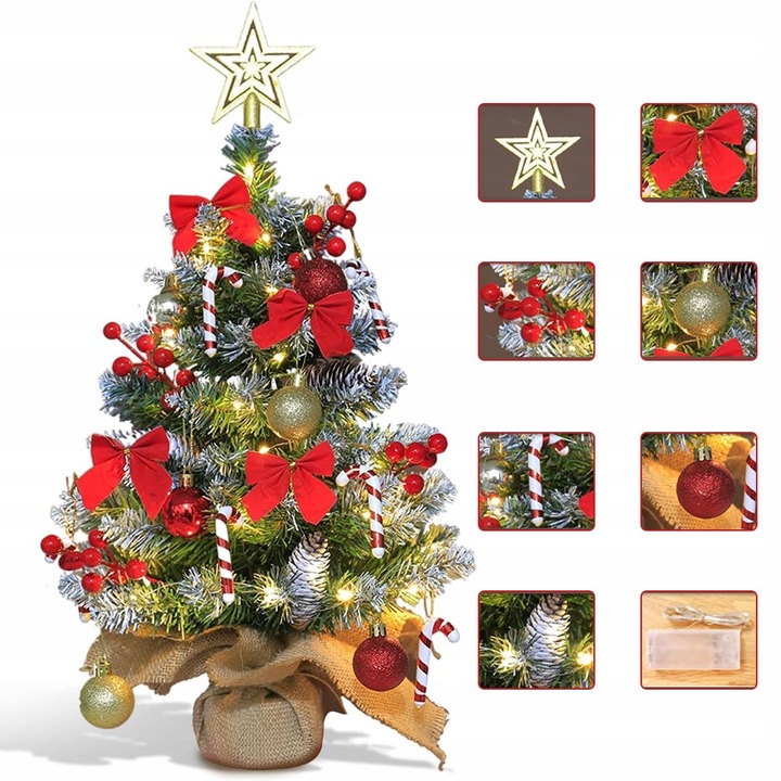 MAŁA CHOINKA NA STÓŁ Z LAMPKAMI I OZDOBAMI 60 CM DO DEKORACJI STOŁU