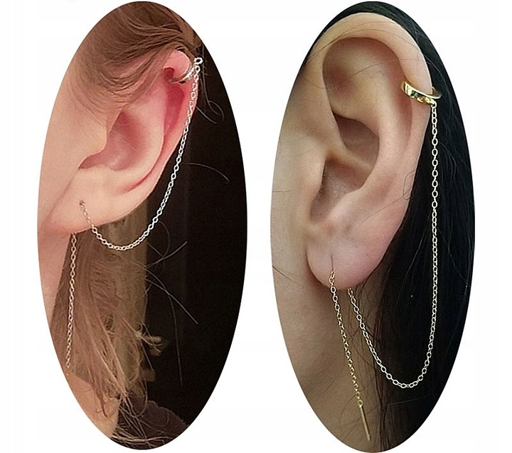 MD długa srebrna nausznica kolczyk łańcuszek S925