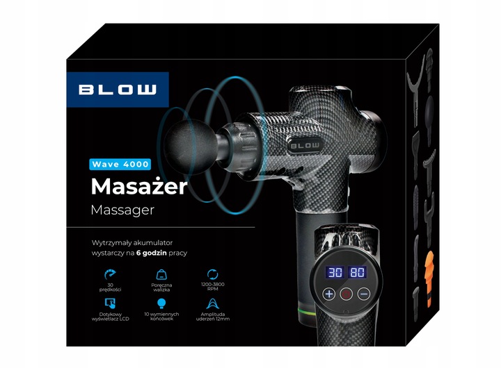 PISTOLET DO MASAŻU PLECÓW CIAŁA STÓP MASAŻER MASSAGE GUN 10 KOŃCÓWEK ZESTAW