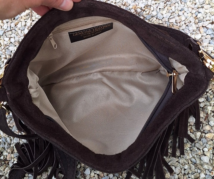 Torebka Listonoszka z ćwiekami ZAMSZ NATURALNY BOHO CZEKOLADA Vera Pelle