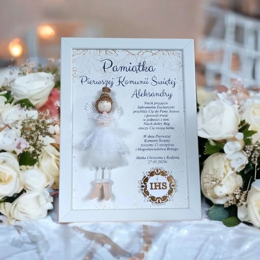 I Komunia Anioł Stróż obraz 3D upominek pamiątka od Chrzestnej Dziadków