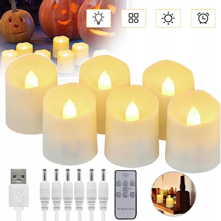 ZESTAW 6 ŚWIEC LED ŁADOWANE Z FUNKCJĄ TIMERA NA BOŻE NARODZENIE I HALLOWEEN