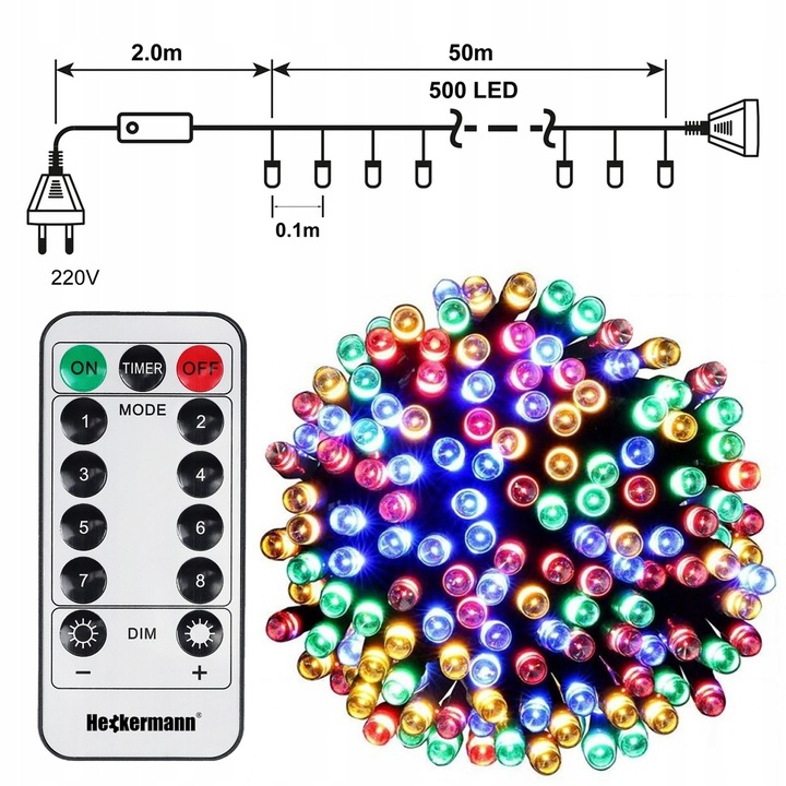 LAMPKI CHOINKOWE ŚWIĄTECZNE ZEWNĘTRZNE WEWNĘTRZNE IP44 MULTIKOLOR 500 LED