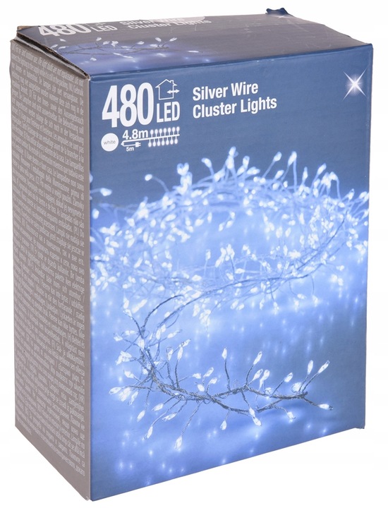 Lampki 480 LED 4,8 metra CLUSTER RYŻ ZIMNY BIAŁY SREBRNY DRUCIK