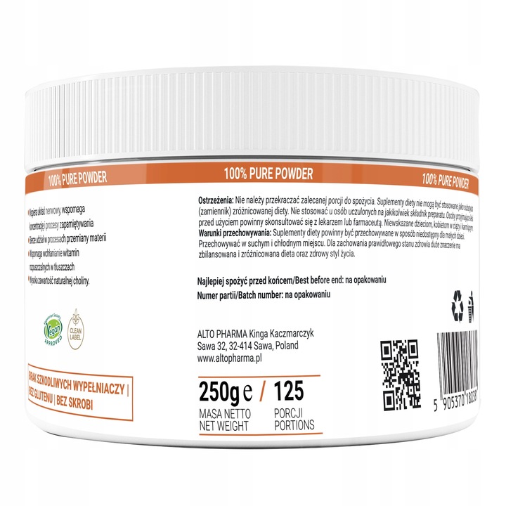 LECYTYNA SOJOWA 100% w proszku KONCENTRACJA STRES PAMIĘĆ Alto Pharma 250G