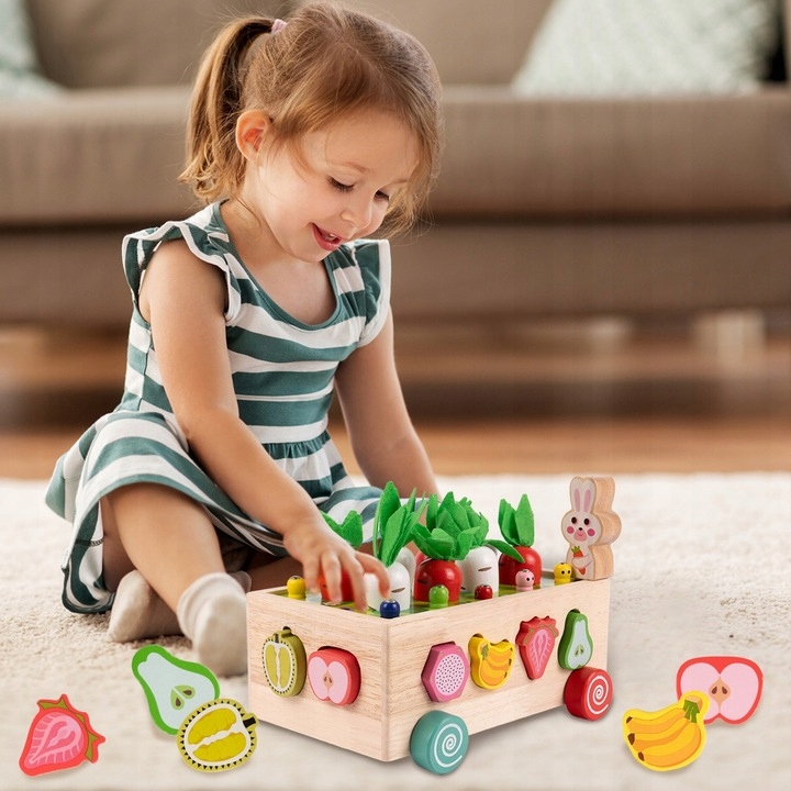 Układanka Montessori Sorter Klocków Złap Robaczka Drewniany Wózek Marchewki