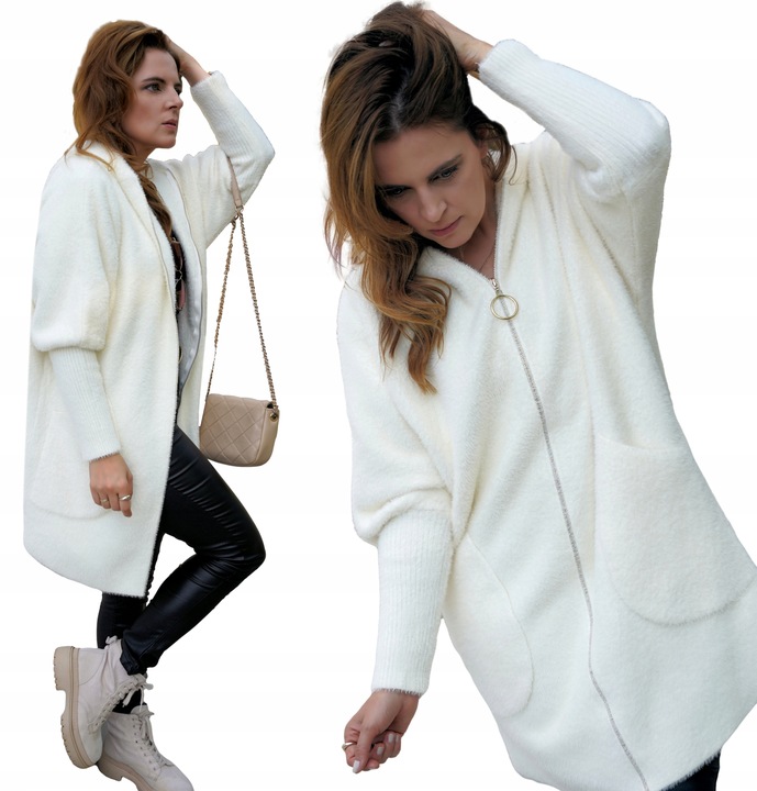 PRZEJŚCIOWY PŁASZCZ z alpaki Z KAPTUREM na suwak KOLOR BIAŁY r. oversize