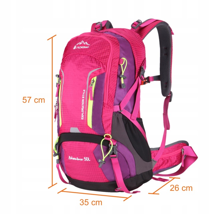 Plecak turystyczny 43l AOKING - fuksja, podzielna komora, wygodny