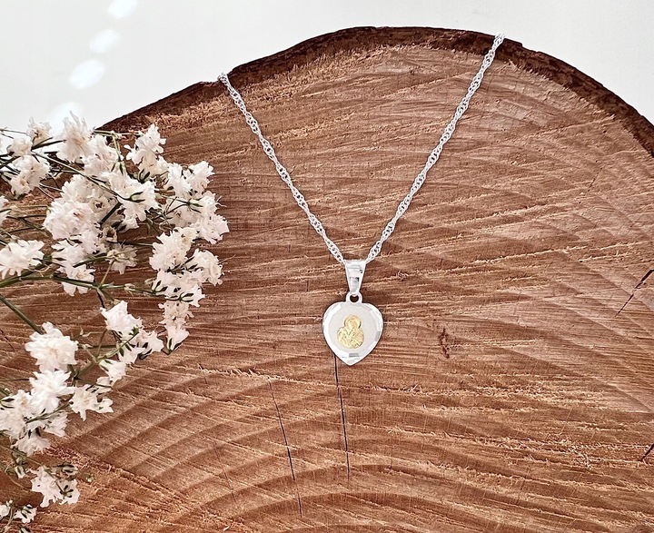 Srebrny łańcuszek 40cm Singapur i medalik serce MB Komunia Chrzest prezent