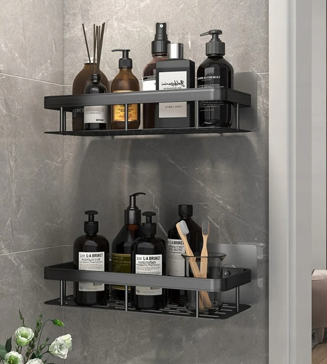 ZESTAW 2 SZT PÓŁKA ŁAZIENKOWA WISZĄCA METALOWA SAMOPRZYLEPNA CZARNA LOFT