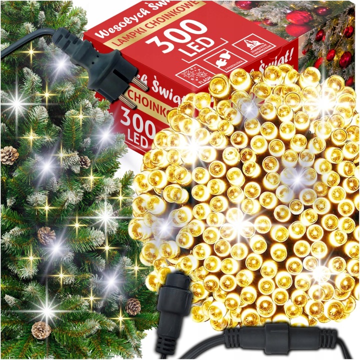 LAMPKI CHOINKOWE BIAŁY CIEPŁY 300 LED FLASH WEW/ZEW 22M NA CHOINKĘ