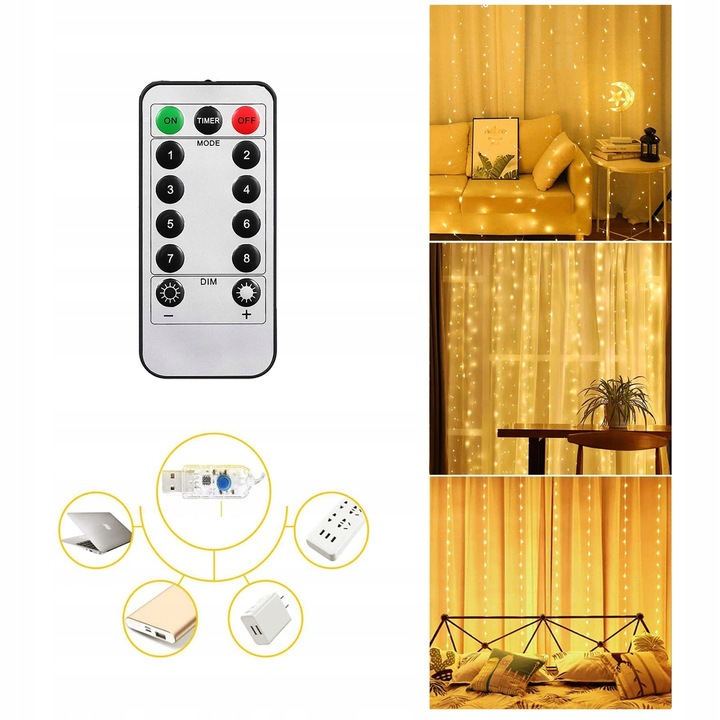 KURTYNA ŚWIETLNA Z 300 LAMPKAMI LED DO DEKORACJI POKOJU I OKNA