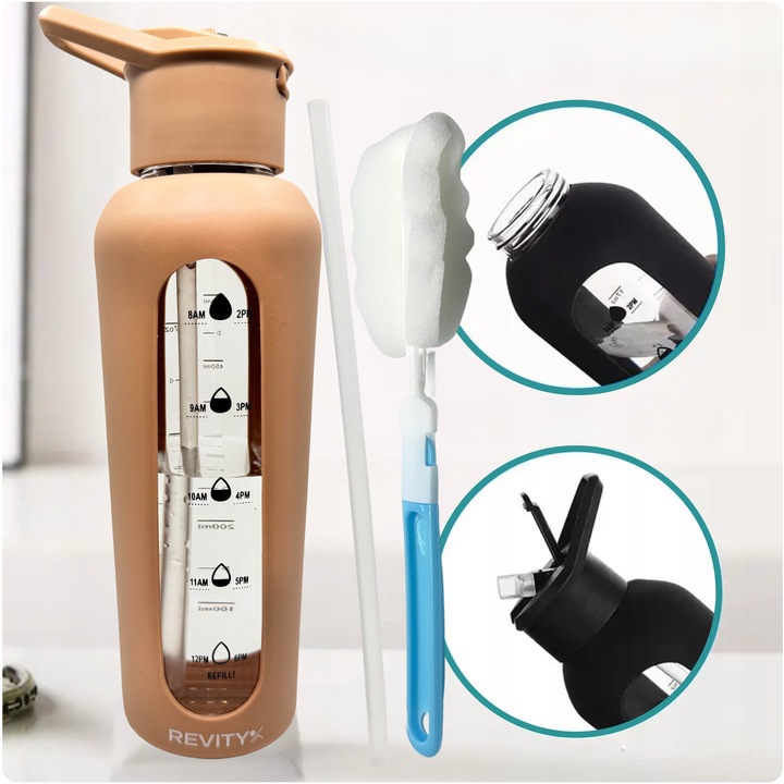 SZKLANA BUTELKA NA WODĘ BIDON SHAKER Z MIARKĄ I DZIUBKIEM SILIKONOWE ETUI