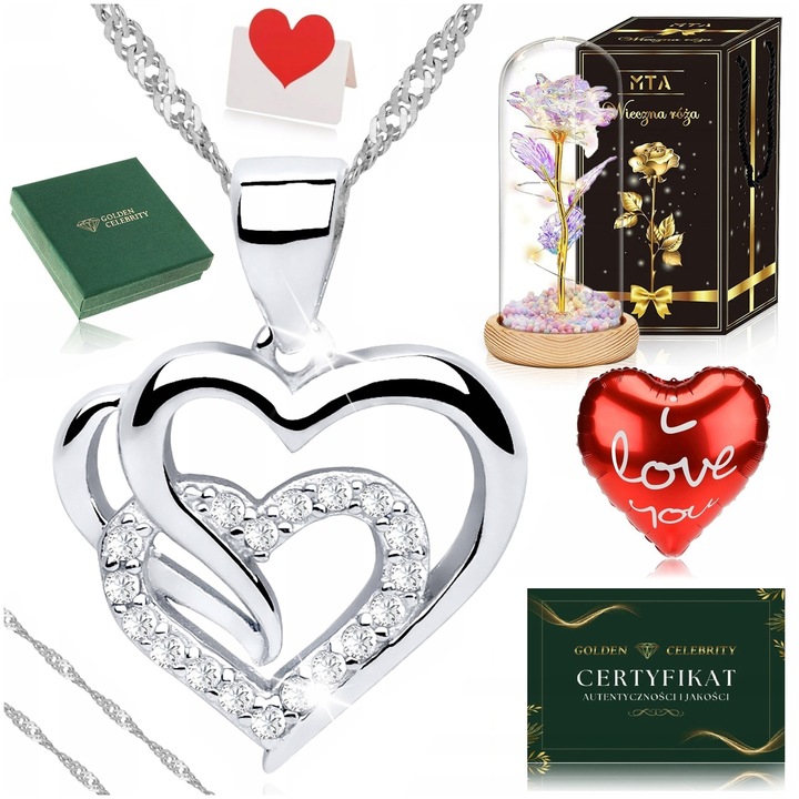SREBRNY ŁAŃCUSZKEK Z SERDUSZKIEM 925+RÓŻA WIECZNA LED NA URODZINY ROCZNICĘ