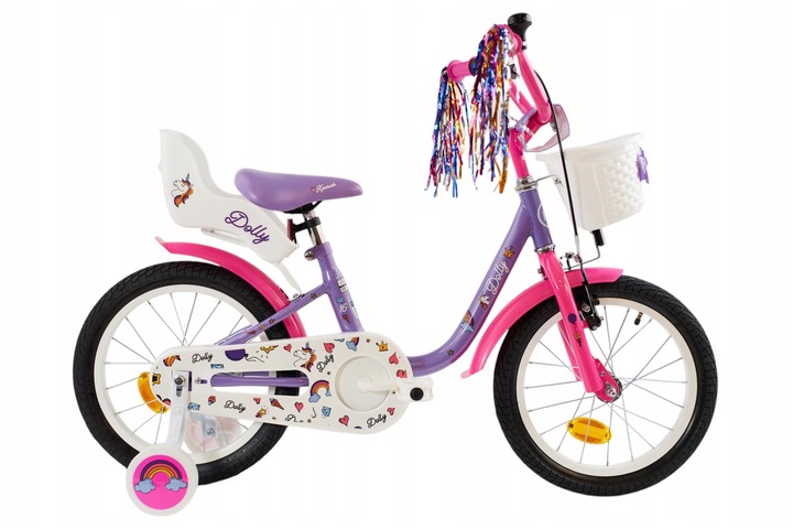 Rower 16" cali dziecięcy dla dziewczynki fotelik, kółka boczne,frędzle,kosz