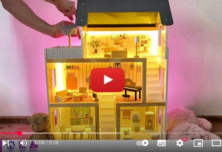 DOMEK DLA LALEK DREWNIANY LED Akcesoria Laleczki 3 Poziomy Duży Mebelki