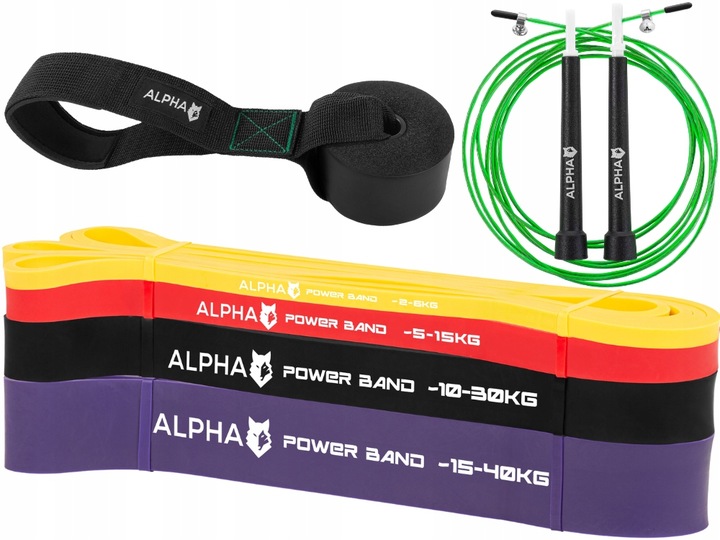 Zestaw 4 Gum Oporowych do Ćwiczeń z Uchwytem Gratis - Power Band ALPHA