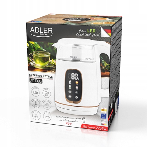 ADLER AD1305 white gold | czajnik elektryczny | 1,7 l * 40–100°C * szklany
