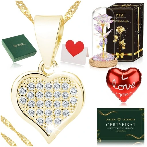 PIĘKNY ZŁOTY ŁAŃCUSZEK DAMSKI Z SERDUSZKIEM Z CYRKONIAMI + RÓŻA WIECZNA LED