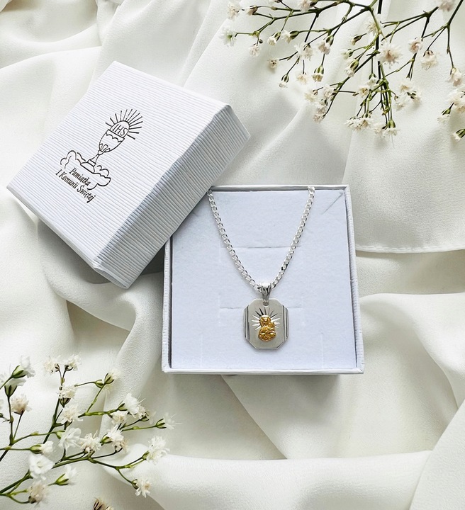 Srebrny łańcuszek 45cm pancerka medalik 925 pozłacana Matka Boska Komunia