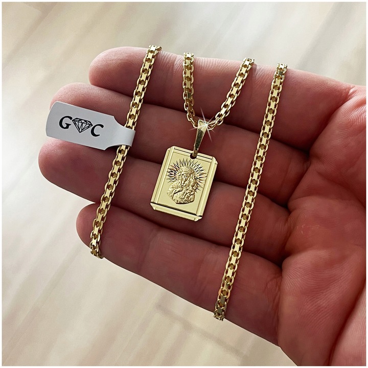 ZŁOTY ŁAŃCUSZEK Z MEDALIKIEM, SREBRO 925/585, DLA CHŁOPCA NA KOMUNIĘ+GRAWER