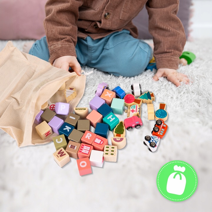 DREWNIANE KLOCKI ZESTAW DROGA MIASTO 115 ELEMENTÓW MATA POJAZDY AKCESORIA